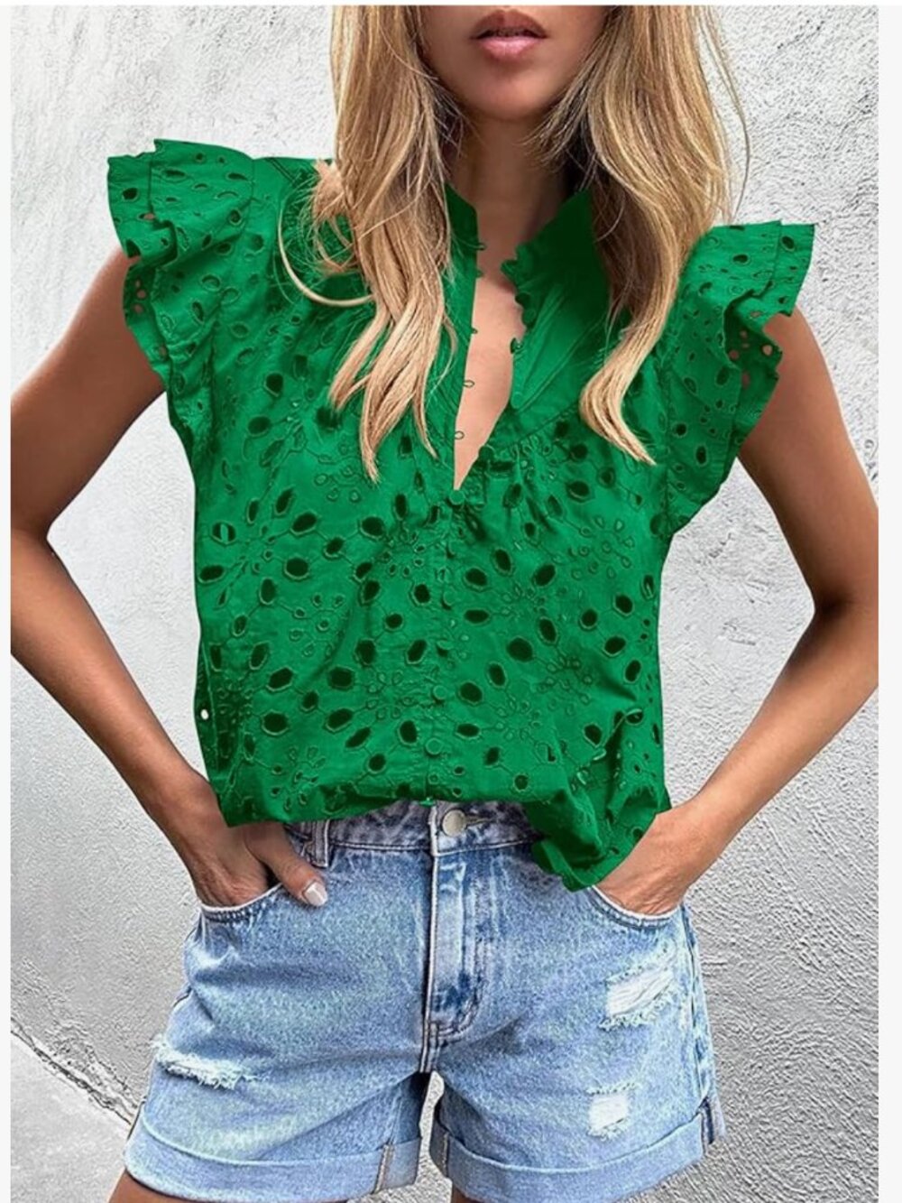 NWOT Size M PrettyGarden Green Eyelet Ruffle Sleeve Women's Top